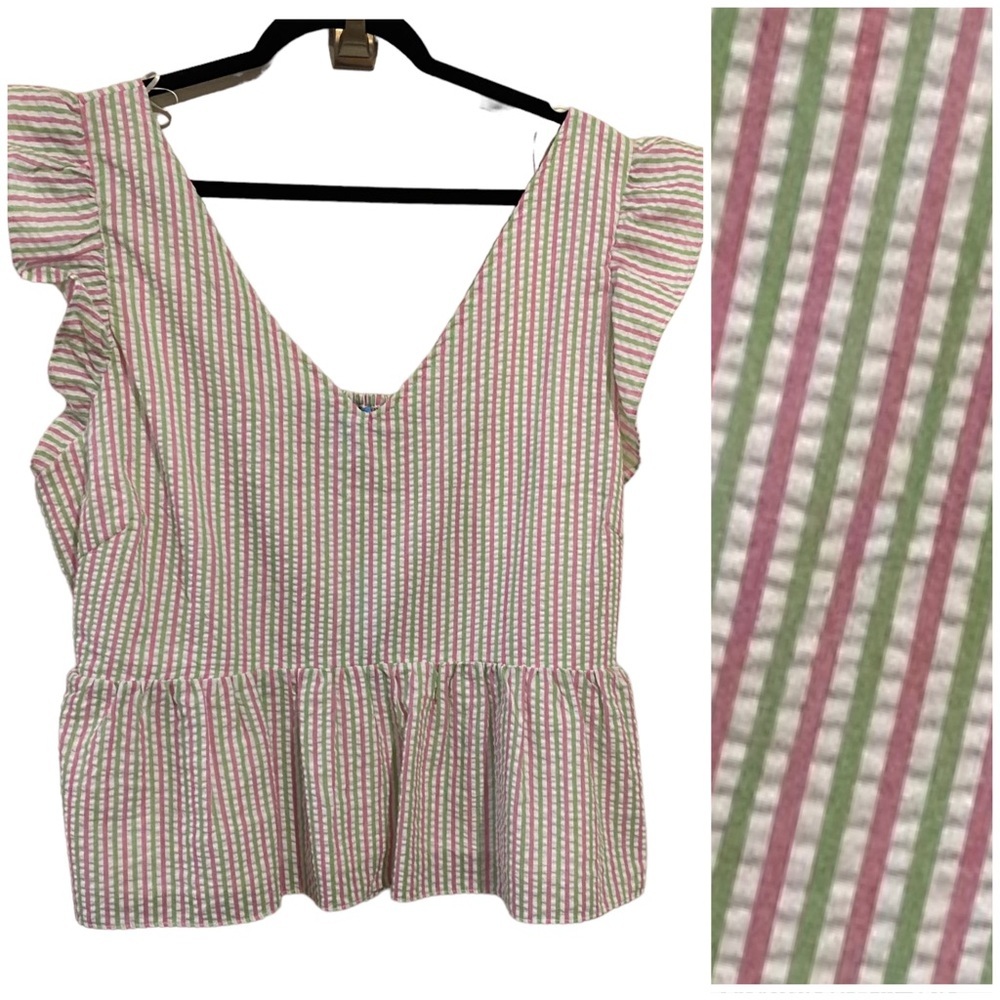 Draper James Flutter Sleeve Striped Top Pink and Green XXL NWT